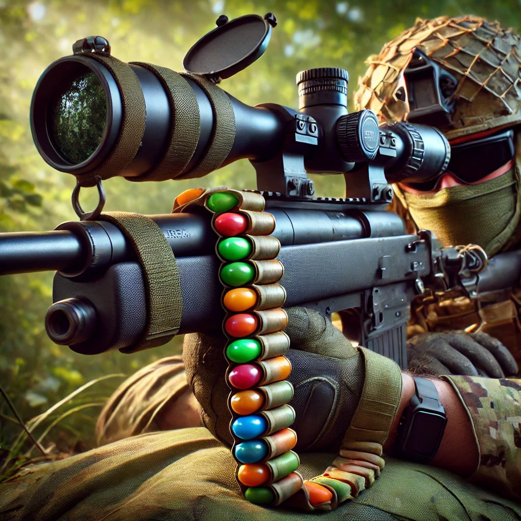 gal_eagle's tweet photo. My brain read the text as he picked up a gun sock, that held extra rounds AND jellybeans. Not a gun sock and jelly beans.

I wake up this morning to three AI photos he  generated of “tactical jellybeans” as we deemed them. 

If this one ain’t the fucking one, he ain’t out there. https://t.co/V5vch4bBcF