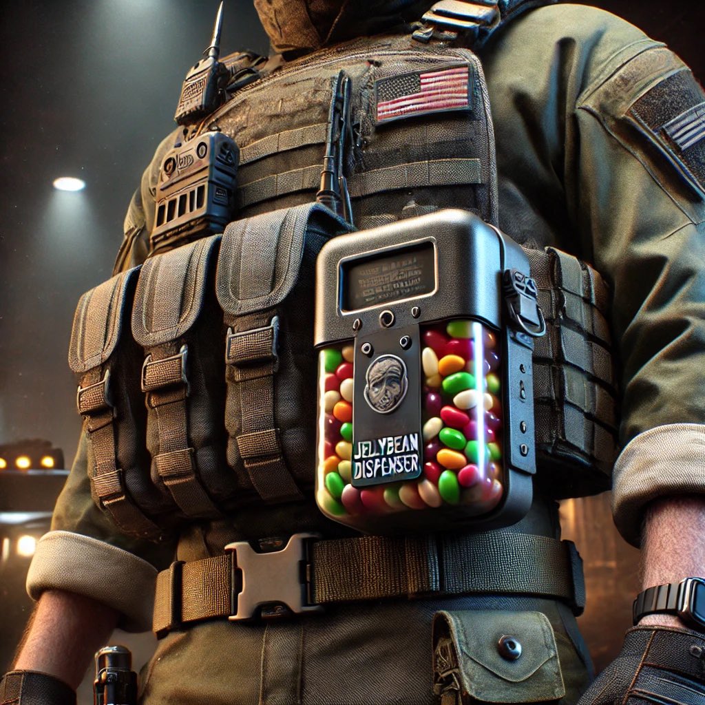 gal_eagle's tweet photo. My brain read the text as he picked up a gun sock, that held extra rounds AND jellybeans. Not a gun sock and jelly beans.

I wake up this morning to three AI photos he  generated of “tactical jellybeans” as we deemed them. 

If this one ain’t the fucking one, he ain’t out there. https://t.co/V5vch4bBcF