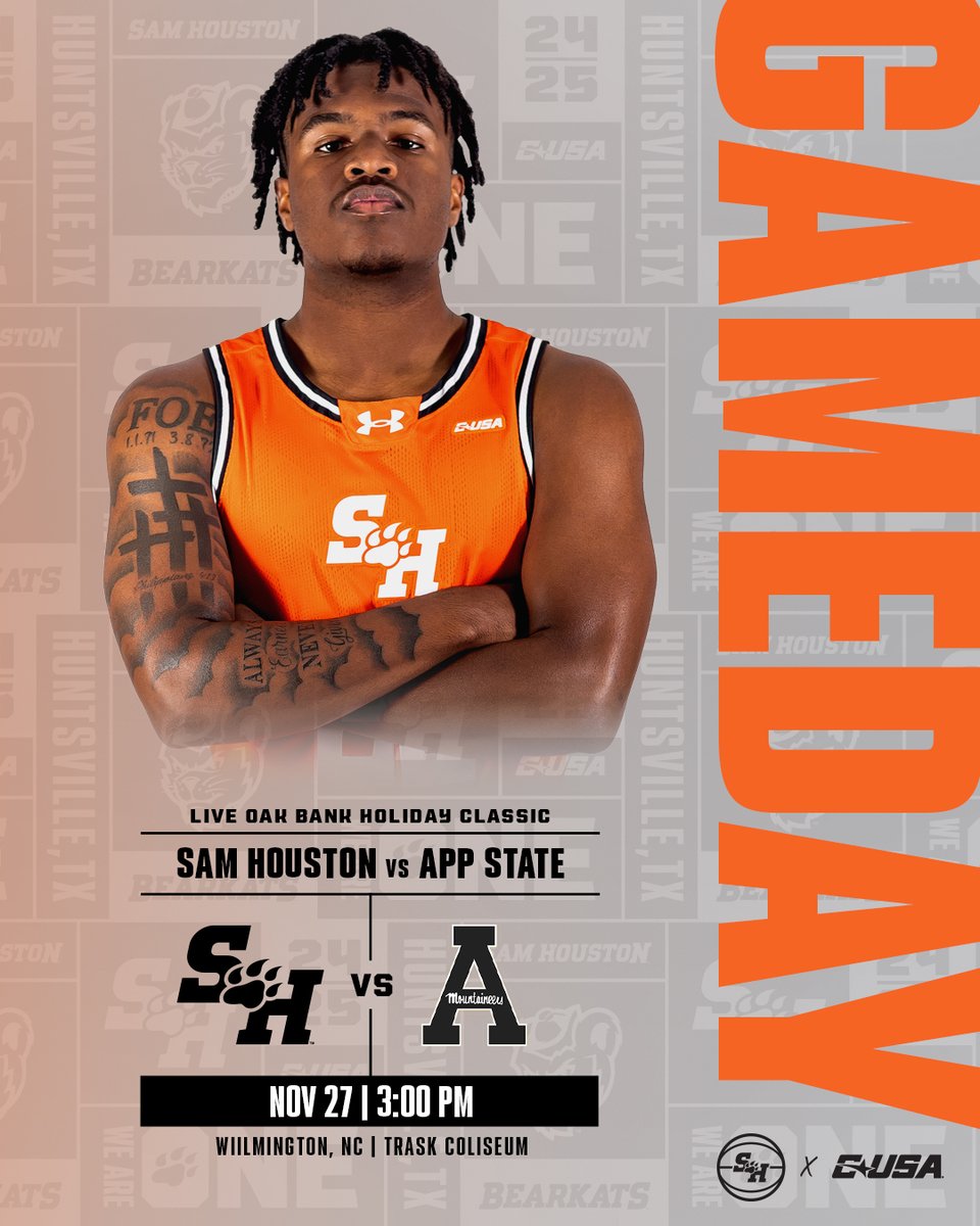 BearkatsMBB's tweet image. Kats kickoff play at the Live Oak Bank Holiday Classic in Wilmington, NC. 

📍 Trask Coliseum
🕒 3:00 PM CT
📺 FloSports
📻 gobearkats.com/watch

#eatemupkats | linktr.ee/samhoustonmbb