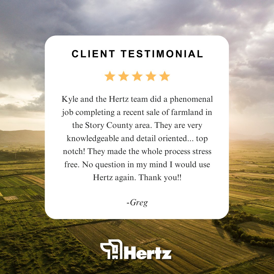 HertzAgLand's tweet photo. Grateful for another 5-star review!⭐

A huge shoutout to Kyle Hansen, ALC, and the real estate team in our Nevada, IA office for providing exceptional service to landowners.

#HertzAg https://t.co/4PxtXw7HGz