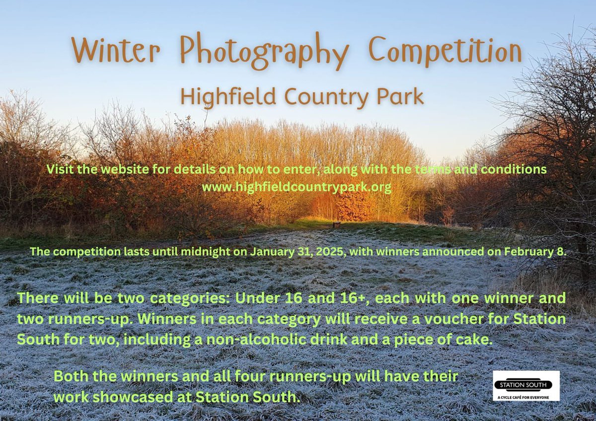 exciting news, Highfield fans! We are running a photography competition until 31st Jan, so grab your phone or camera and get into the park! 📸❄️🌲 Visit highfieldcountrypark.org/winter-photogr… for more info including our rules, categories and prizes, generously sponsored by @stationsouth 🙏