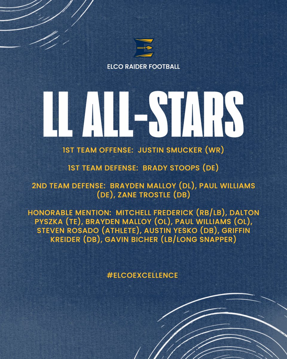 ELCO Athletics (@elcoathletics) on Twitter photo Congratulations to our Raider <a href="/LancLebLeague/">LL League</a> Section IV Football All-Stars! 🏈 #ElcoExcellence <a href="/LebCoSports1/">LebCoSports.com</a> <a href="/elcosd/">ELCO School District</a> Congratulations to our Raider <a href="/LancLebLeague/">LL League</a> Section IV Football All-Stars! 🏈 #ElcoExcellence <a href="/LebCoSports1/">LebCoSports.com</a> <a href="/elcosd/">ELCO School District</a>