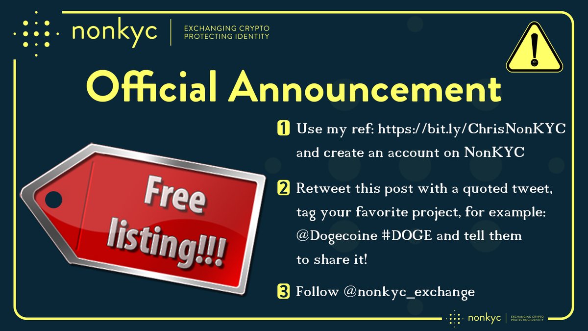 🚨 Big News! 🚨 FREE LISTING GIVEAWAY!

After upgrading to our new listing price on December 14, 2024, we’re hosting a FREE LISTING GIVEAWAY! 🎉 

Here’s how to enter:

1️⃣ Create an account on bit.ly/ChrisNonKYC <- Use this ref !!
2️⃣ Retweet this post with a quoted tweet,