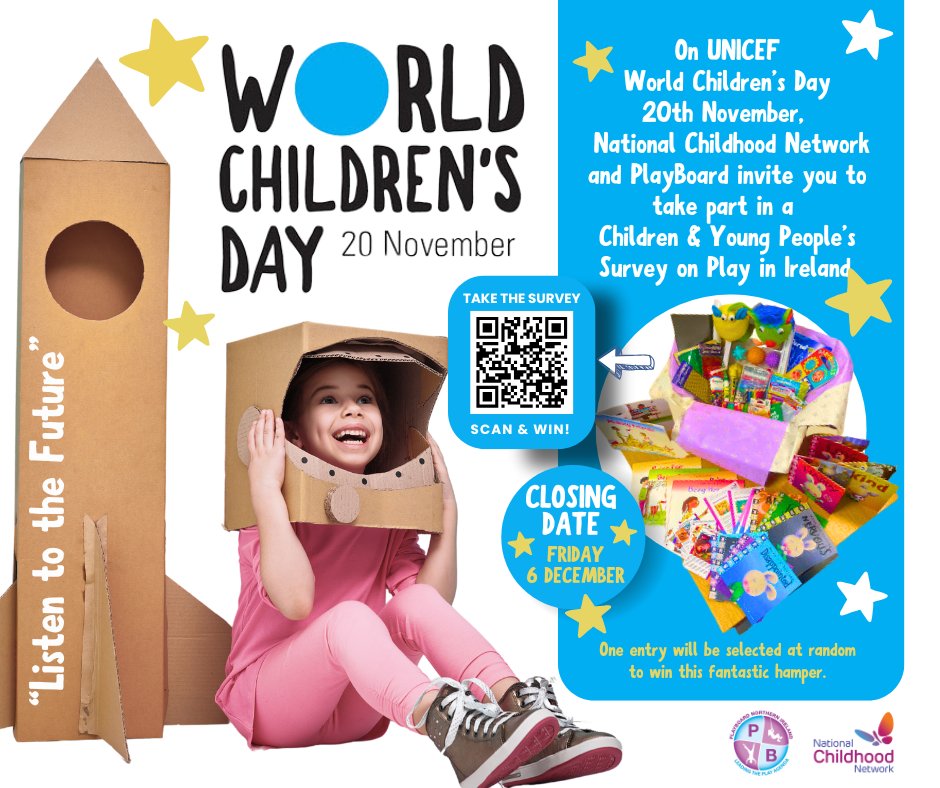National Childhood Network (@ncn4children) on Twitter photo ‼️Last day to complete our Children's and Young Peoples Survey on PLAY in Ireland.    
Further Details: ncn.ie/children-and-y…   
Please complete the survey via link below or QR Code on Poster.  Thank you! 
surveymonkey.com/r/D28G8G5 ‼️Last day to complete our Children's and Young Peoples Survey on PLAY in Ireland.    
Further Details: ncn.ie/children-and-y…   
Please complete the survey via link below or QR Code on Poster.  Thank you! 
surveymonkey.com/r/D28G8G5