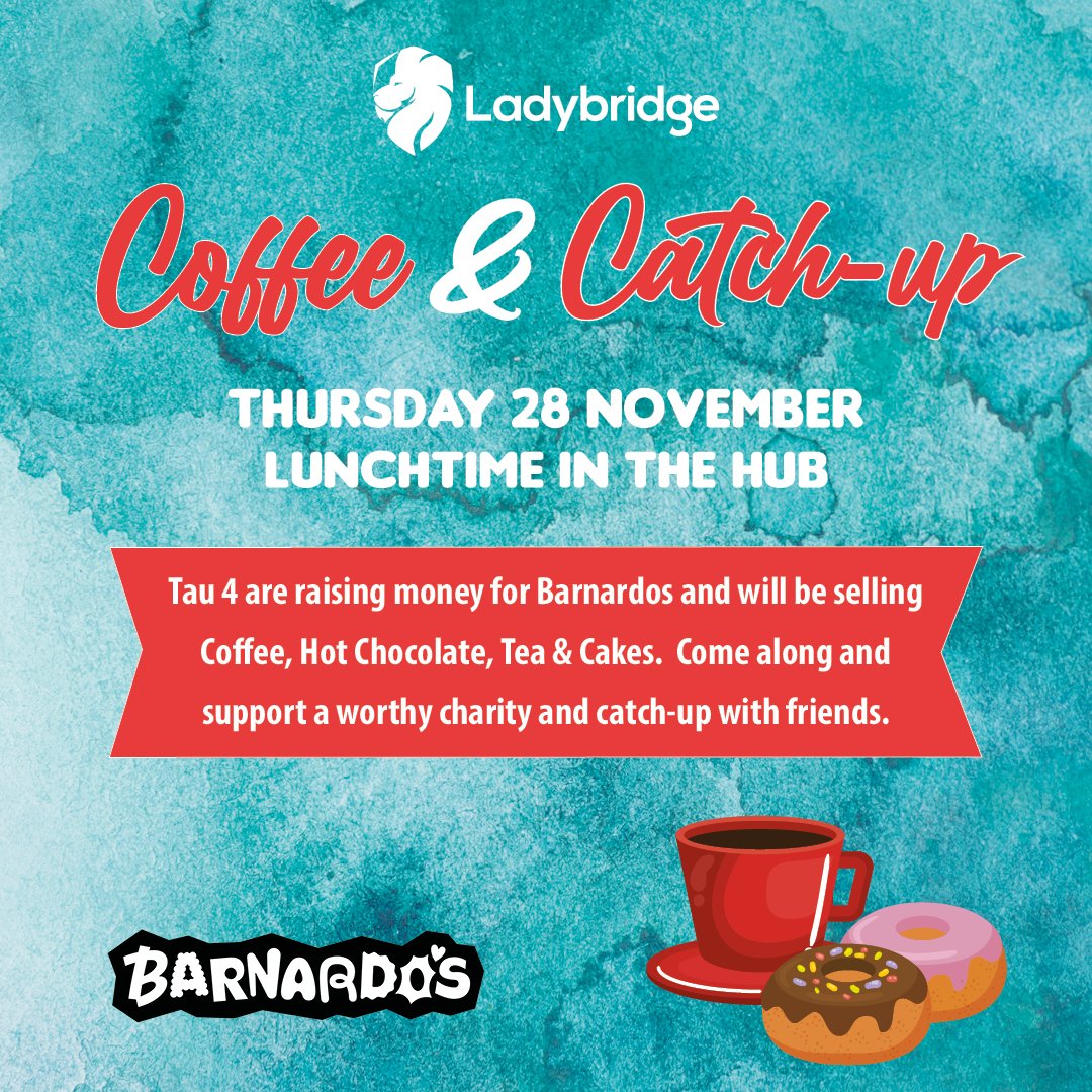 LadybridgeHigh's tweet image. 🗓️REMINDER:
Tau 4 are hosting a &apos;Coffee &amp;amp; Catch-up&apos; session tomorrow at lunchtime with all funds raised supporting @barnardos. Learners, be sure to bring your change and your friends! ☕️🍰 #communitysupport #communityproject