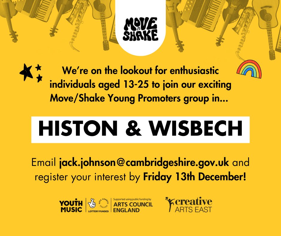 CreativArtsEast's tweet image. Join our exciting Move/Shake Young Promoters groups in Histon and Wisbech! Are you 13-25 y/o or someone you know, based in Cambridgeshire and passionate about music? Follow the link to find out more t.ly/8xkEX 👈
#MoveShake #Histon #Wisbech