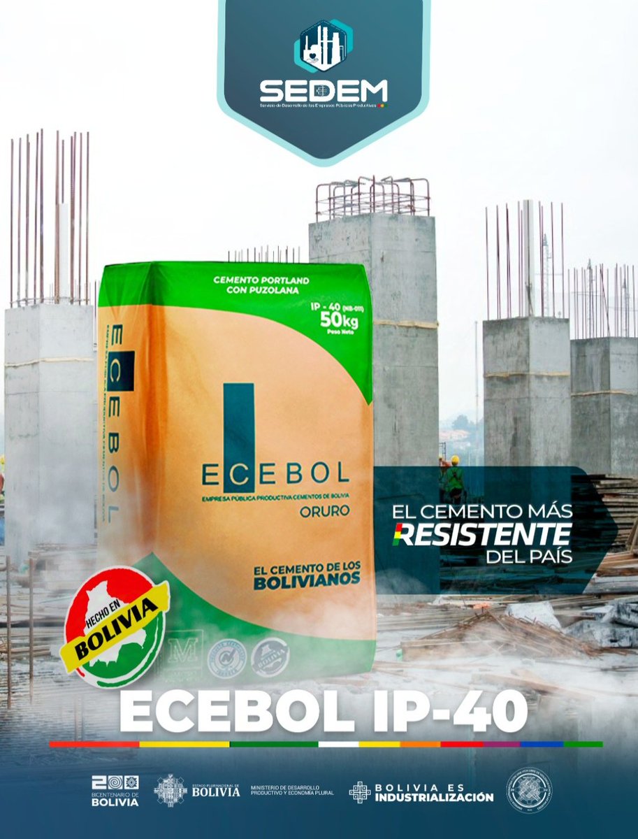 Sedem_Bolivia's tweet image. #SedemIndustrializamosBoliviaI 👷🏼‍♂️ 
 #ECEBOL produce cemento con altos estándares de calidad y  es 100% boliviana. 🏢