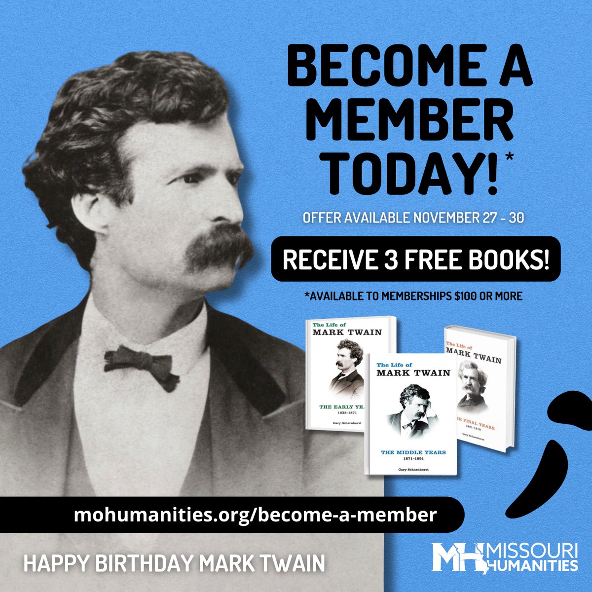 Mark Twain Books + Membership = A Perfect Gift! Today through Mark Twain’s birthday, become a Missouri Humanities member at $100 or more, and you’ll receive a complimentary set of Mark Twain books! Celebrate his legacy and support our work across Missouri! mohumanities.org/become-a-member