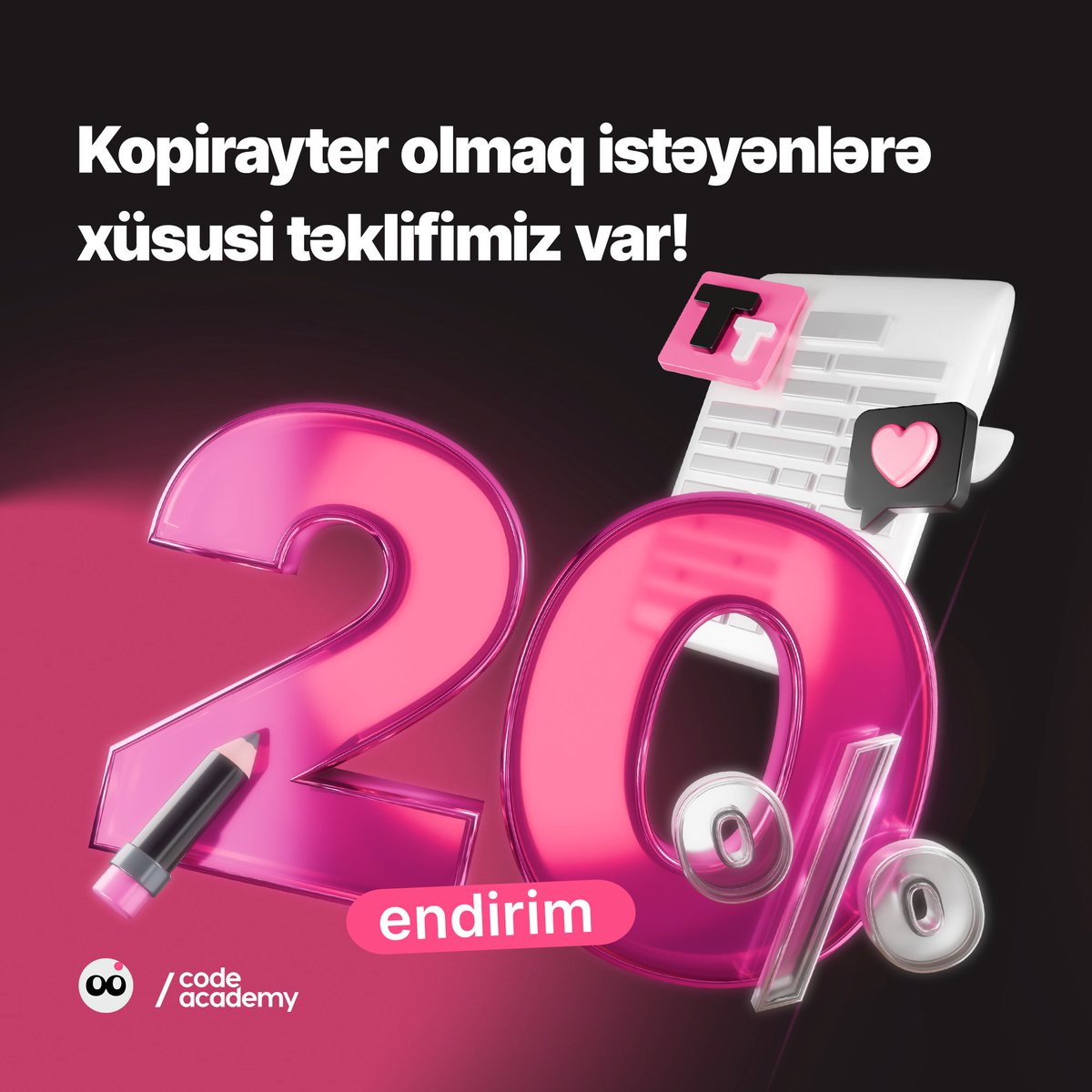 “Mətn yazarlığı və kreativ konsept yaratmaq” kursumuzda tələbə olmaq üçün elə indi bizə müraciət et və 20 % endirimdən yararlan. Üstəlik, 5 ayadək hissəli ödəniş imkanları da mümkündür.🤩

Əlavə sualın olarsa, şərhlərdə bölüşə və ya bizə yaza bilərsən.