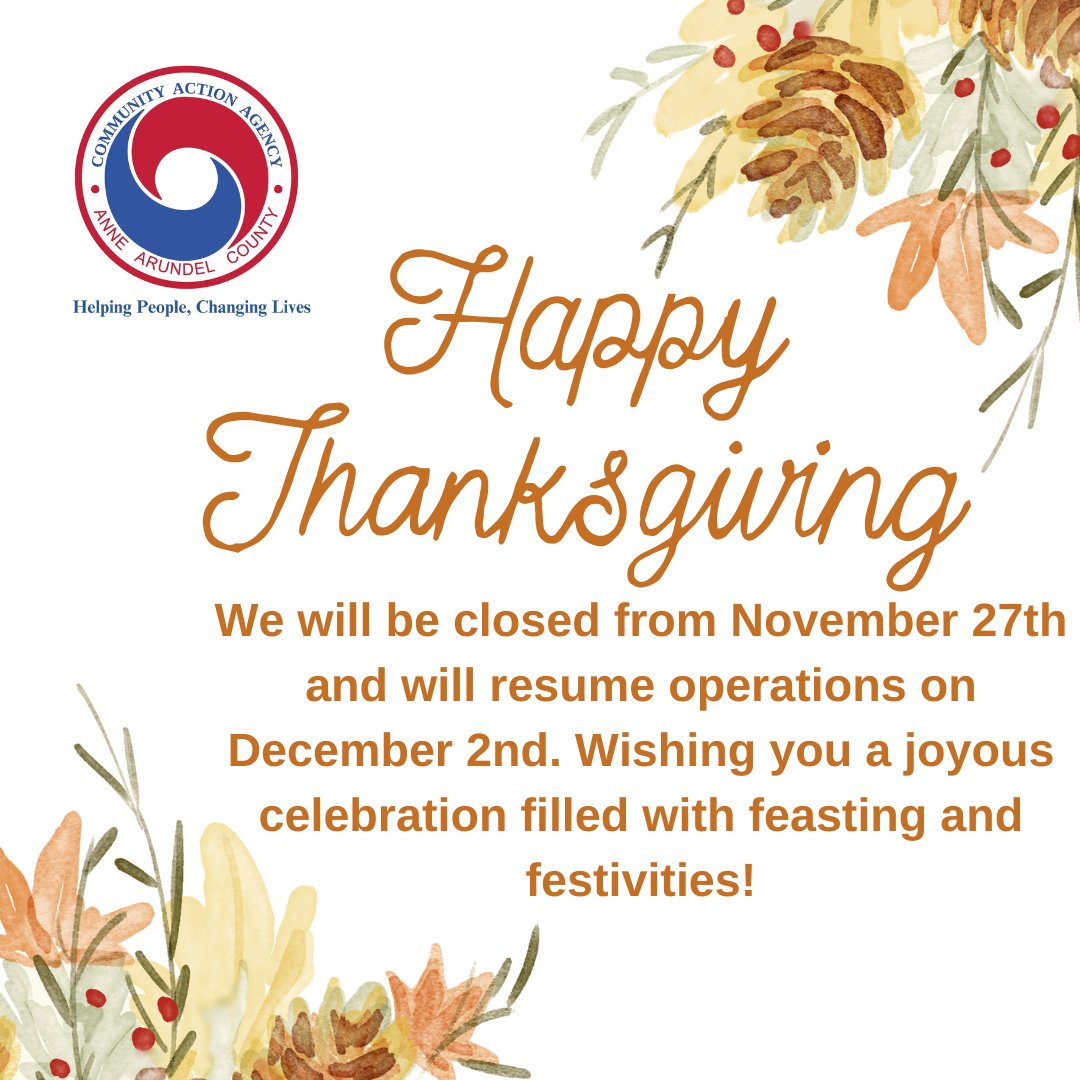 CAAAAC5's tweet photo. We will be closed from November 27th and will resume operations on December 2nd. Wishing you a joyous celebration filled with feasting and festivities! https://t.co/Agzh9tvRol