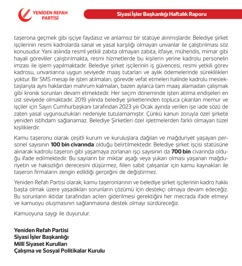 Dr.Ercan ÖZÇELİK (@_ercanozcelik) on Twitter photo Bu haftaki <a href="/rprefahpartisi/">Yeniden Refah Partisi</a> Bülteninde Çalışma ve Sosyal Pol. Kurulumuzun "KAMU TAŞERONLARI VE BELEDİYE ŞİRKET İŞÇİLERİNİN KADRO SORUNLARI ÇÖZÜLMELİDİR!" raporu yer almıştır.
#HaktırTaşeronaKadro
#kadro #SözVerildi
<a href="/RTErdogan/">Recep Tayyip Erdoğan</a> <a href="/erbakanfatih/">Dr. Fatih Erbakan</a> <a href="/suatkilic/">Suat KILIÇ</a> <a href="/MehmedAltinoz/">Mehmet Altınöz</a> <a href="/mehemmed19/">Mehmet Aşıla</a> Bu haftaki <a href="/rprefahpartisi/">Yeniden Refah Partisi</a> Bülteninde Çalışma ve Sosyal Pol. Kurulumuzun "KAMU TAŞERONLARI VE BELEDİYE ŞİRKET İŞÇİLERİNİN KADRO SORUNLARI ÇÖZÜLMELİDİR!" raporu yer almıştır.
#HaktırTaşeronaKadro
#kadro #SözVerildi
<a href="/RTErdogan/">Recep Tayyip Erdoğan</a> <a href="/erbakanfatih/">Dr. Fatih Erbakan</a> <a href="/suatkilic/">Suat KILIÇ</a> <a href="/MehmedAltinoz/">Mehmet Altınöz</a> <a href="/mehemmed19/">Mehmet Aşıla</a>