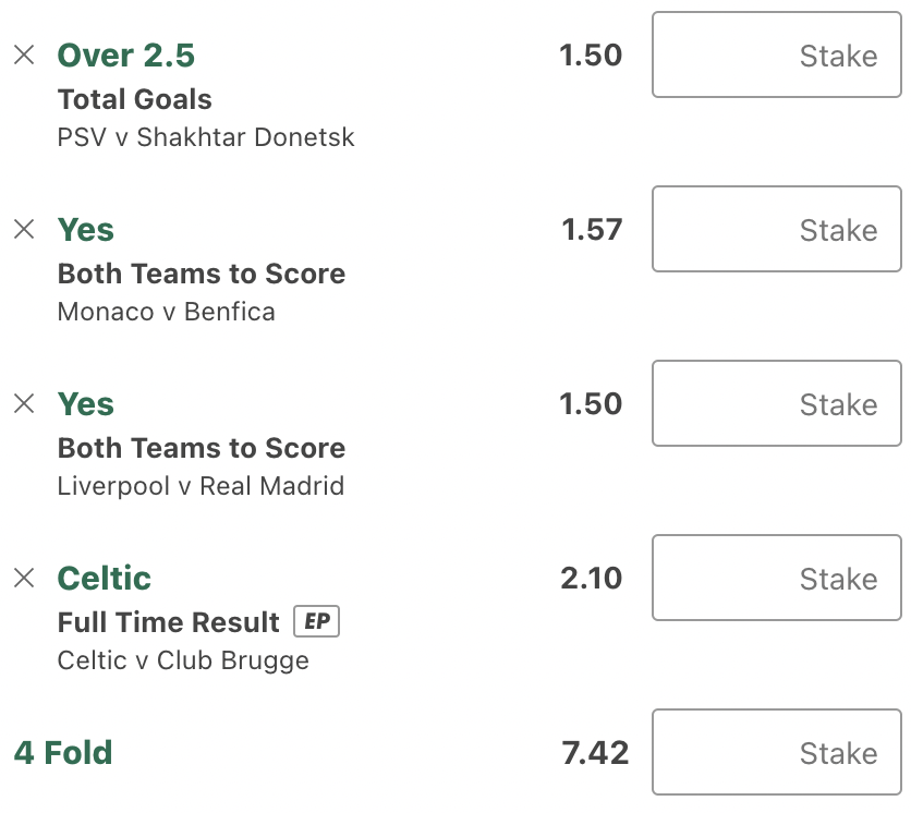 ArmTipster's tweet photo. 🤩⚽️WEDNESDAY FOOTBALL TIP⚽️🤩

💫PSV v Shakhtar Donetsk
Total goals - Over 2.5: 1.50
💫Monaco v Benfica
Both teams to score - YES: 1.57
💫Liverpool v Real Madrid
Both teams to score - YES: 1.50
💫Celtic v Club Brugge
FT Result - W1: 2.10

✅ACCA: 7.42

Don't miss your chance to win ! 🔥💰