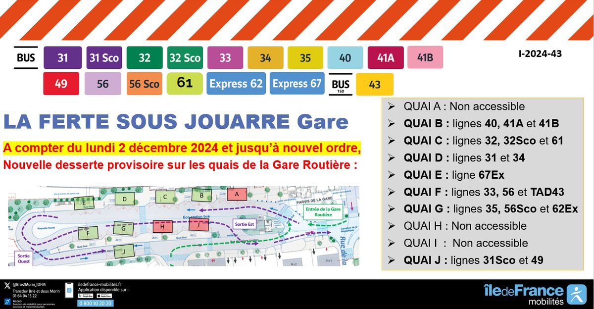 Brie2Morin_IDFM's tweet photo. 🚍#InfoTrafic
📢Lignes : #L31 #31Sco #L32 #32Sco #L33 #L34 #L35 #L40 #L41A #L41B #TAD43 #L49 #L56 #56Sco #62Ex #67Ex
🗓️A partir du lundi 2 décembre 2024
🚧Travaux Gare SNF de La Ferté sous Jouarre
‼️ NOUVEAU CHANGEMENT DANS L'AFFECTATION DES QUAIS ‼️ https://t.co/7PNPIW6wJg