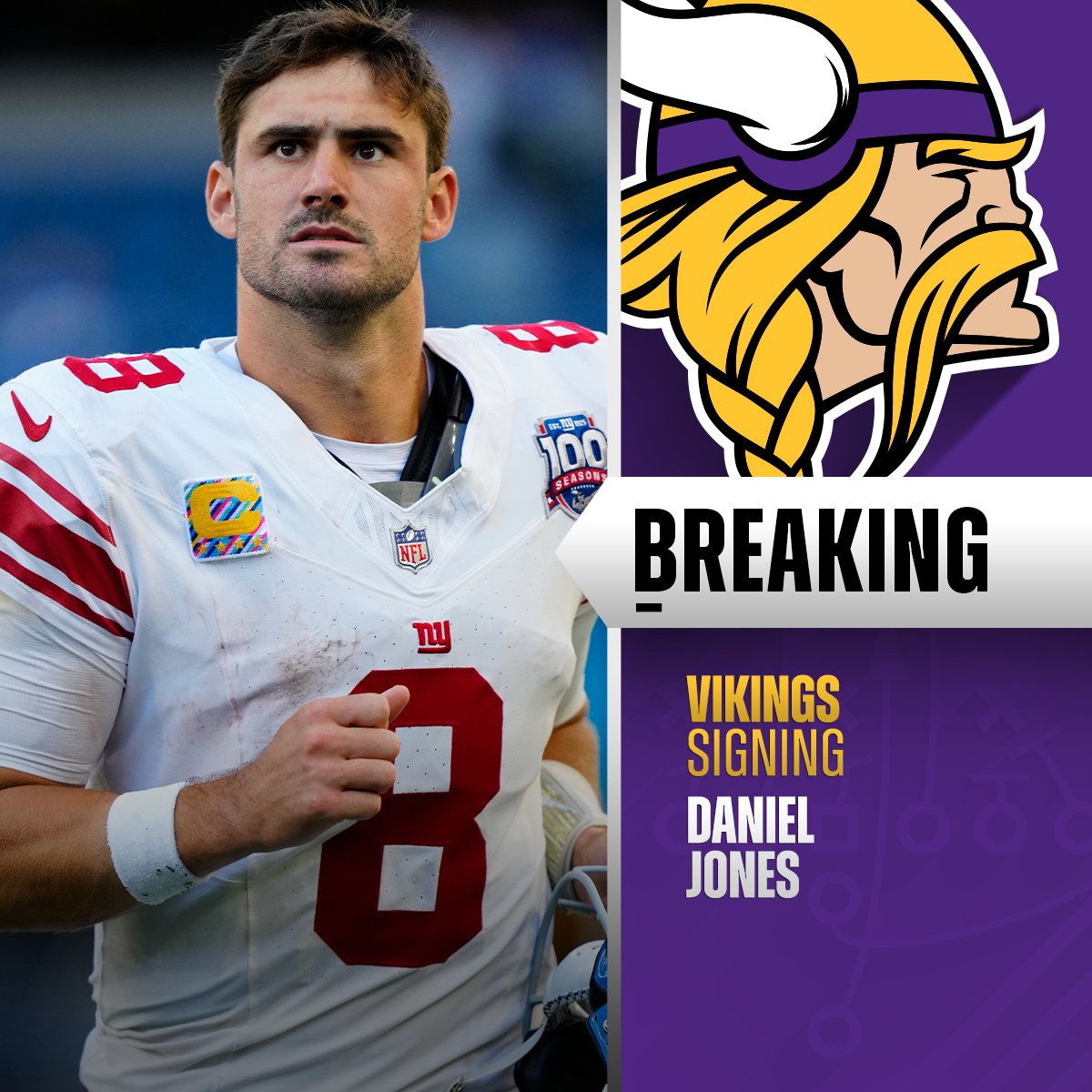 NFL's tweet image. QB Daniel Jones plans to sign with Minnesota Vikings after clearing waivers. (via @rapsheet, @tompelissero, @cameronwolfe)