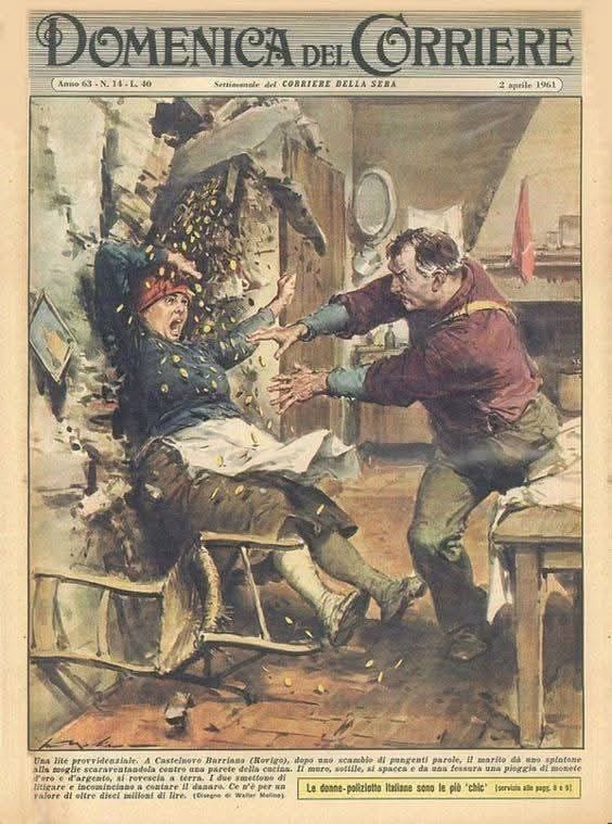 📷 La Domenica del Corriere, April 2, 1961. The great Walter Molino illustrates an housewife who, after a “providential fight,” is thrown against the wall by her husband. In this reimagining of the Rick Rude vs. Ultimate Warrior cage match at #SummerSlam 1990, the wall suddenly