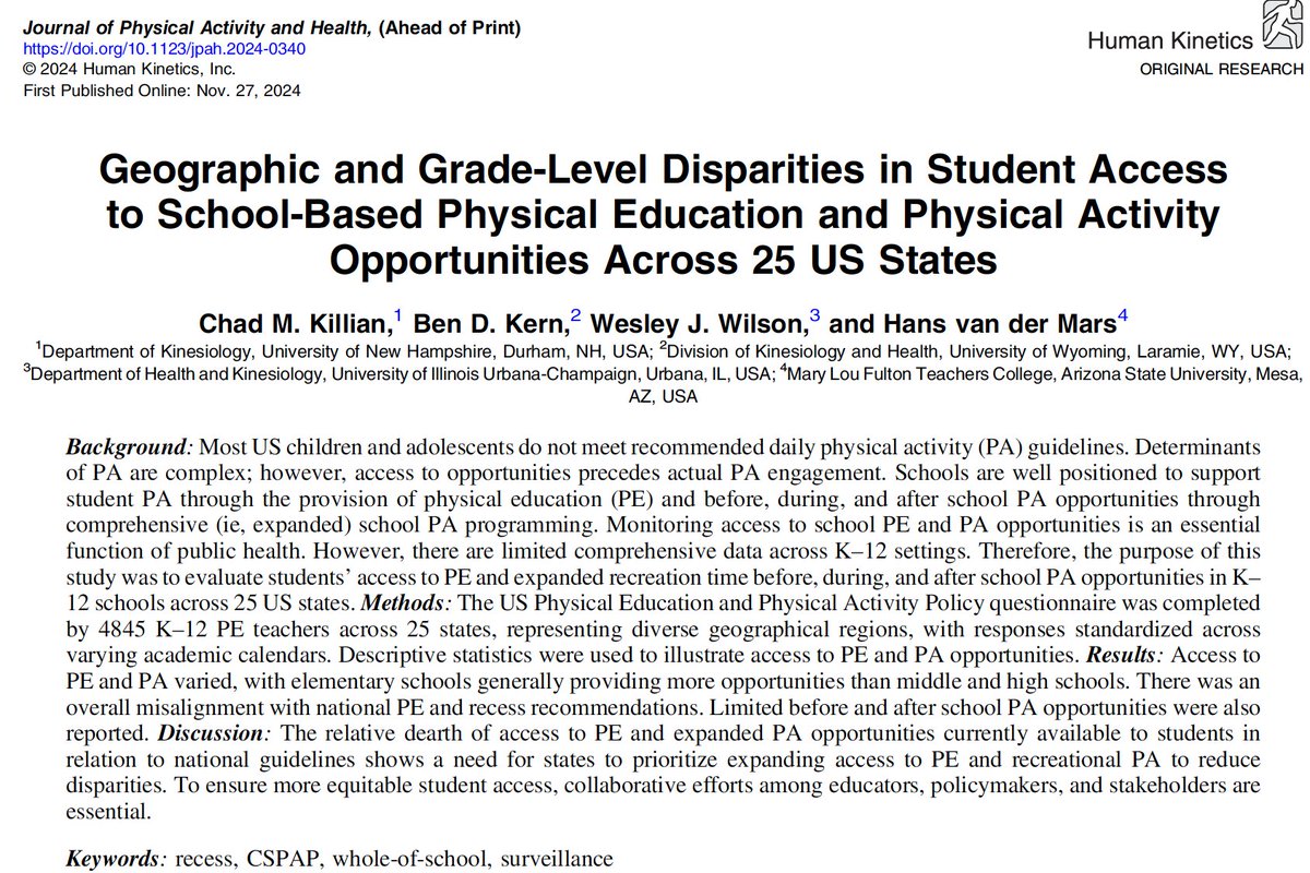 Chad M. Killian (@chadkillian1) on Twitter photo 📢 Our new study in <a href="/JPAHjournal/">Journal of Physical Activity & Health</a> highlights disparities in whole-school physical activity opportunities:
We need policy action: National guidelines are mostly unmet & disparities highlight the urgency for expanded, more equitable access for all students
journals.humankinetics.com/view/journals/… 📢 Our new study in <a href="/JPAHjournal/">Journal of Physical Activity & Health</a> highlights disparities in whole-school physical activity opportunities:
We need policy action: National guidelines are mostly unmet & disparities highlight the urgency for expanded, more equitable access for all students
journals.humankinetics.com/view/journals/…
