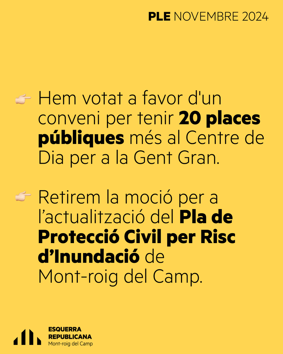 ercmontroigcamp's tweet photo. #PleNovembre | El més destacat 👀

👉 Votem a favor d'un conveni per tenir 20 places públiques més al Centre de Dia per a la Gent Gran.
👉 Retirem la moció per l'actualització del Pla de Protecció Civil per Risc d'Inundació de Mont-roig del Camp

#ERC #Esquerra #Republicana https://t.co/7RiNiCVkYB