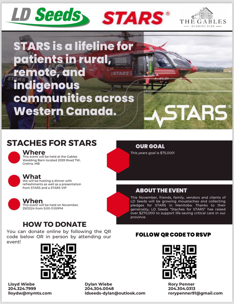 This Friday, November. 29 is the Staches for STARS fundraiser being hosted at the Gables Wedding Barn. Brisket supper, presentations and prizes! There are limited spots available so please RSVP to Dylan or Rory by the end of the day today🚁

Dylan: 204.304.0048
Rory: 204.304.0313