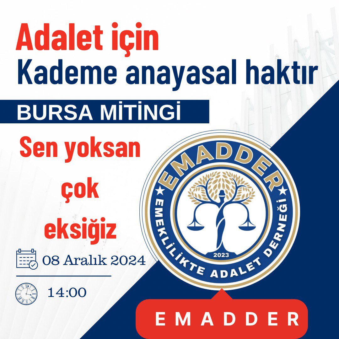 Huriye Altıntuğ⚖️EMADDER (@huriyealtintug) on Twitter photo <a href="/CHPKAZIMKURT/">Kazım KURT</a> <a href="/gokanzeybekCHP/">Gökan Zeybek</a> <a href="/ayseunluce/">Ayşe Ünlüce</a> <a href="/arslanibrahimss/">İbrahim ARSLAN</a> <a href="/utkucakirozer/">Utku Çakırözer</a> <a href="/avtalatyalaz/">Talat Yalaz</a> Sayın başkanım
<a href="/EmadDernegi/">EMEKLİLİKTE ADALET DERNEĞİ ⚖️</a> olarak 8 Aralık Pazar günü Bursa'da yapacağımız miting için ulaşım desteği talebimizi yeniden değerlendirmenizi rica ediyoruz🙏🏻
<a href="/eczozgurozel/">Özgür Özel</a>
<a href="/herkesicinCHP/">CHP 🇹🇷</a>
#KademeyiBekletemezsiniz <a href="/CHPKAZIMKURT/">Kazım KURT</a> <a href="/gokanzeybekCHP/">Gökan Zeybek</a> <a href="/ayseunluce/">Ayşe Ünlüce</a> <a href="/arslanibrahimss/">İbrahim ARSLAN</a> <a href="/utkucakirozer/">Utku Çakırözer</a> <a href="/avtalatyalaz/">Talat Yalaz</a> Sayın başkanım
<a href="/EmadDernegi/">EMEKLİLİKTE ADALET DERNEĞİ ⚖️</a> olarak 8 Aralık Pazar günü Bursa'da yapacağımız miting için ulaşım desteği talebimizi yeniden değerlendirmenizi rica ediyoruz🙏🏻
<a href="/eczozgurozel/">Özgür Özel</a>
<a href="/herkesicinCHP/">CHP 🇹🇷</a>
#KademeyiBekletemezsiniz