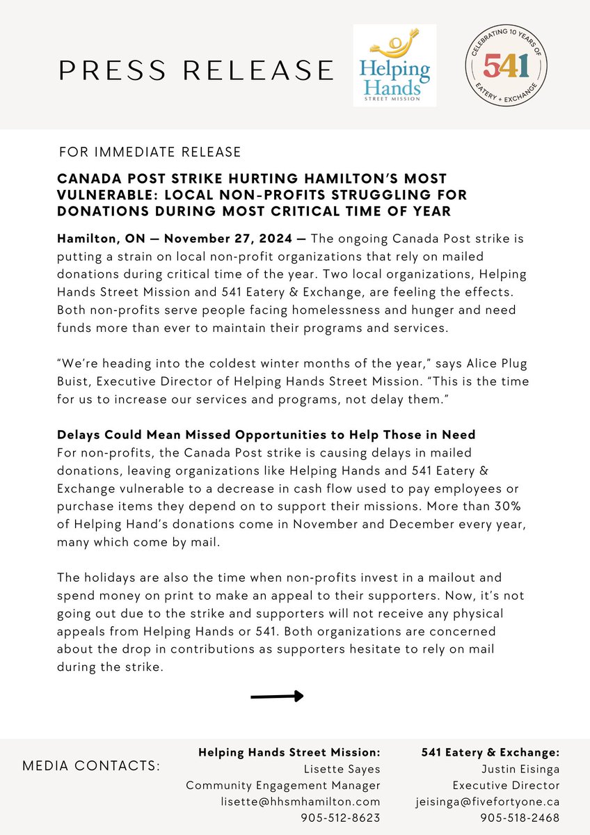 HHSM_Hamilton's tweet photo. 🚨 PRESS RELEASE: #CanadaPostStrike is impacting donations to non-profits like Helping Hands &amp; 541 Eatery during their busiest season

💻 Donate online:
Helping Hands: https://t.co/rYy21B62HN
541 Eatery: https://t.co/h1oTPzgRHU

Help support #HamOnt 's most vulnerable this winter https://t.co/JCI1KsZO1s