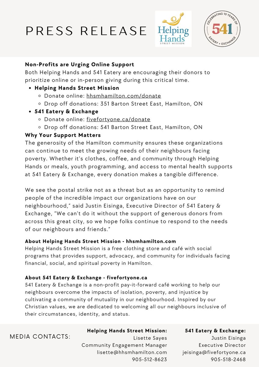 HHSM_Hamilton's tweet photo. 🚨 PRESS RELEASE: #CanadaPostStrike is impacting donations to non-profits like Helping Hands &amp; 541 Eatery during their busiest season

💻 Donate online:
Helping Hands: https://t.co/rYy21B62HN
541 Eatery: https://t.co/h1oTPzgRHU

Help support #HamOnt 's most vulnerable this winter https://t.co/JCI1KsZO1s