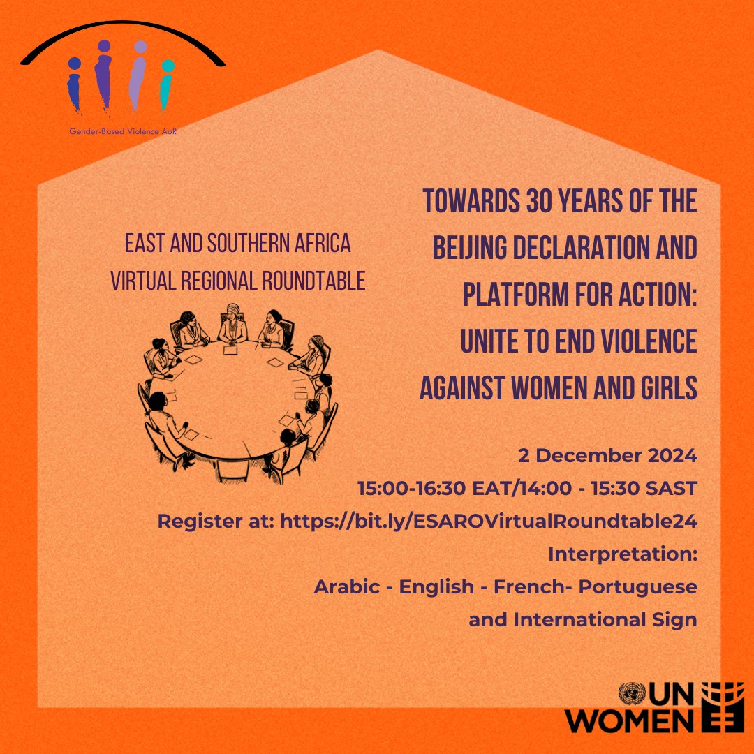 UN Women Africa (@unwomenafrica) on Twitter photo Join us for a #16Days Virtual Regional Roundtable by UN Women ESA & partners! 🌍✨ Reflect on #EVAWG frameworks, share knowledge, and collaborate for accountability, together to end violence against women and girls. #NoExcuse
📅 2 December🕒 1500 EAT 🔗bit.ly/ESAROVirtualRo… Join us for a #16Days Virtual Regional Roundtable by UN Women ESA & partners! 🌍✨ Reflect on #EVAWG frameworks, share knowledge, and collaborate for accountability, together to end violence against women and girls. #NoExcuse
📅 2 December🕒 1500 EAT 🔗bit.ly/ESAROVirtualRo…