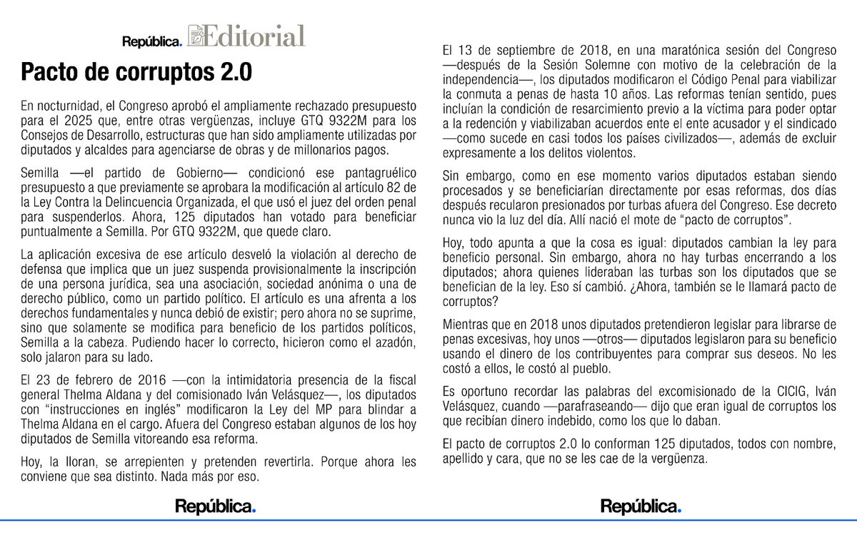republicagt's tweet photo. Editorial | El pacto de corruptos 2.0 lo conforman 125 diputados, todos con nombre, apellido y cara, que no se les cae de la vergüenza. https://t.co/ZrVRo84BuI