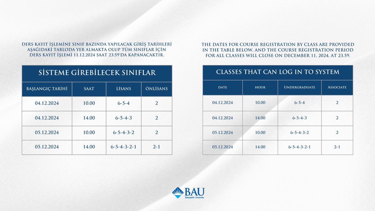 2024-2025 Akademik Yılı Bahar Dönemi Ders Seçim Haftası Hakkında Önemli Duyuru.

Important Announcement About 2024-2025 Academic Year Fall Term Course Selection Week.