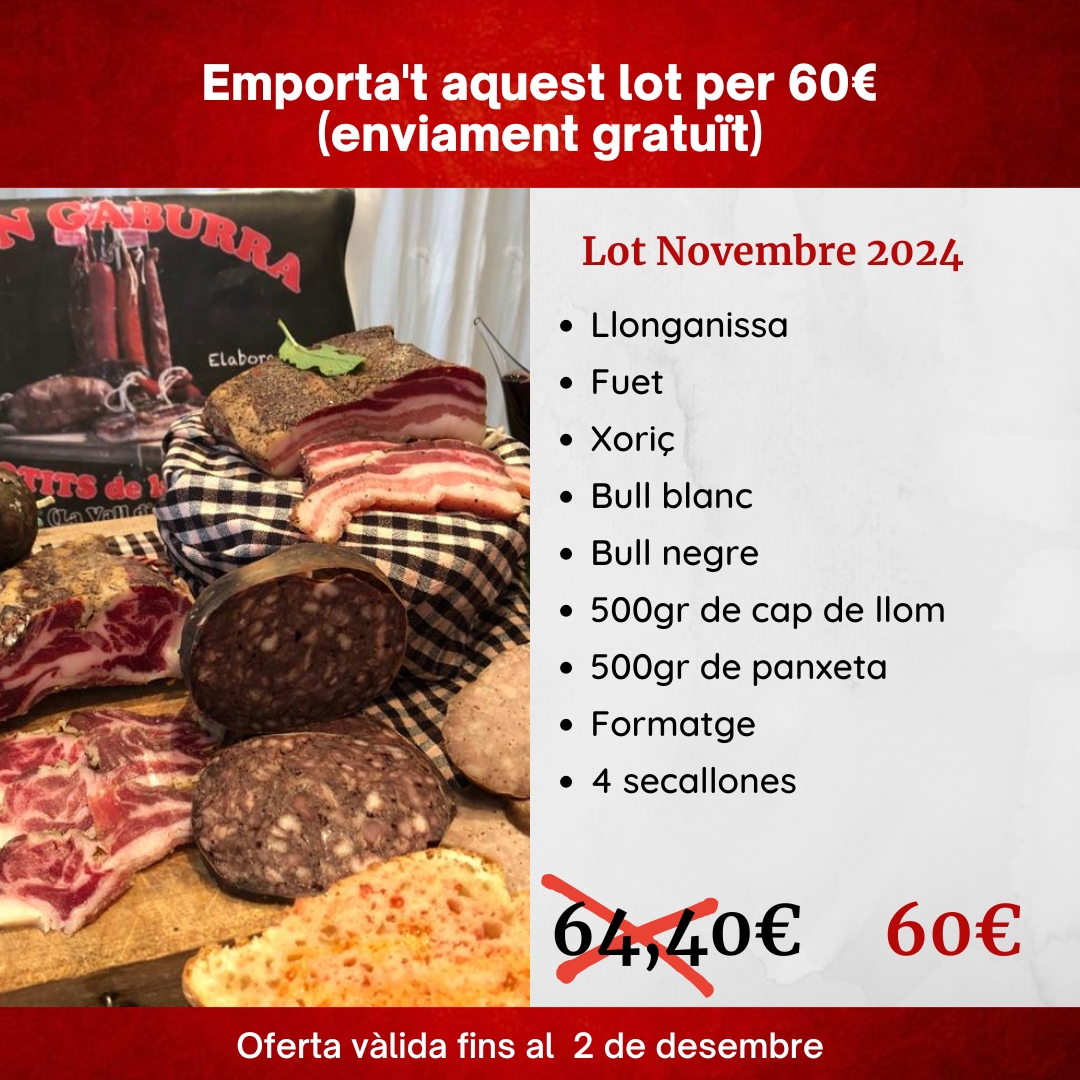 Aquest novembre volem fer-te una proposta que no podràs rebutjar! Descobreix el nostre Lot de Novembre de 2024, una deliciosa selecció d’embotits artesans per a gaudir amb família o amics.
#cangaburra #embotitscangaburra #km0  #productorscatalans #embotitscatalans #embotits