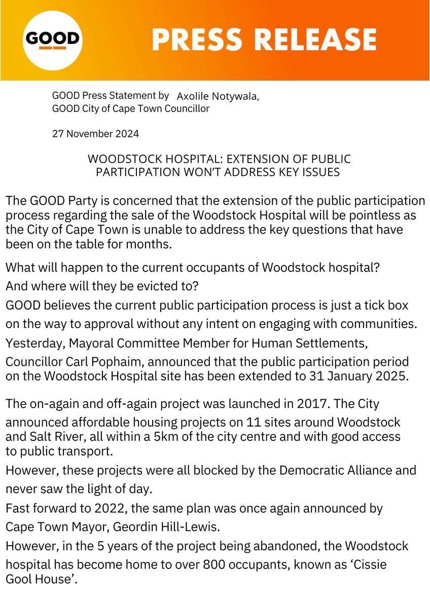 ForGoodZA's tweet image. The GOOD Party is concerned that extending the public participation process on the sale of Woodstock Hospital is pointless, as key questions remain unanswered. What will happen to the current occupants? Where will they be evicted to?

We believe the process is just a tick box…
