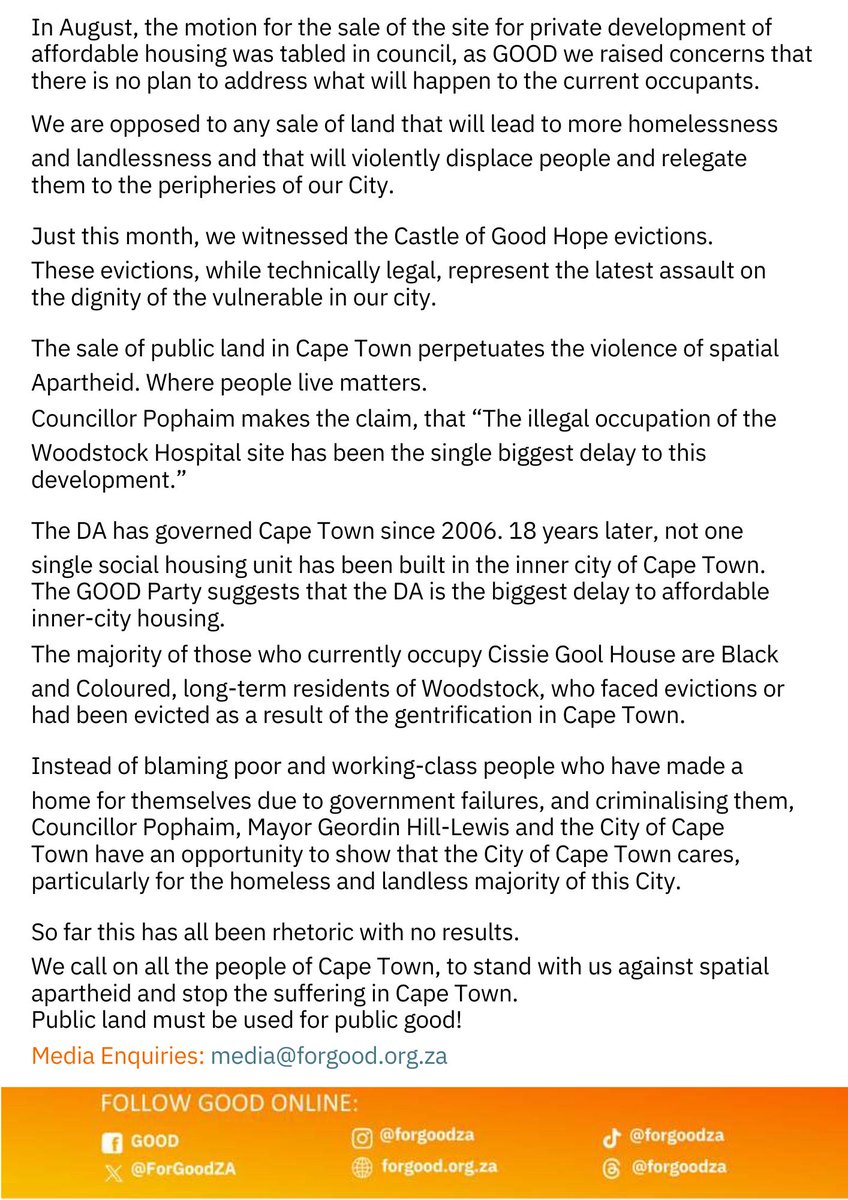ForGoodZA's tweet image. The GOOD Party is concerned that extending the public participation process on the sale of Woodstock Hospital is pointless, as key questions remain unanswered. What will happen to the current occupants? Where will they be evicted to?

We believe the process is just a tick box…