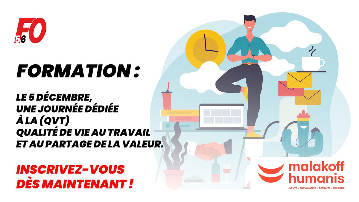 FO5612's tweet photo. 🔴#FORMATION : 5 Décembre, une journée dédiée à la (#QVT) qualité de vie au travail et au partage de la valeur. Inscrivez-vous dès maintenant !
➡ https://t.co/Y1z0m39j79 https://t.co/4ur5zr1Dpr