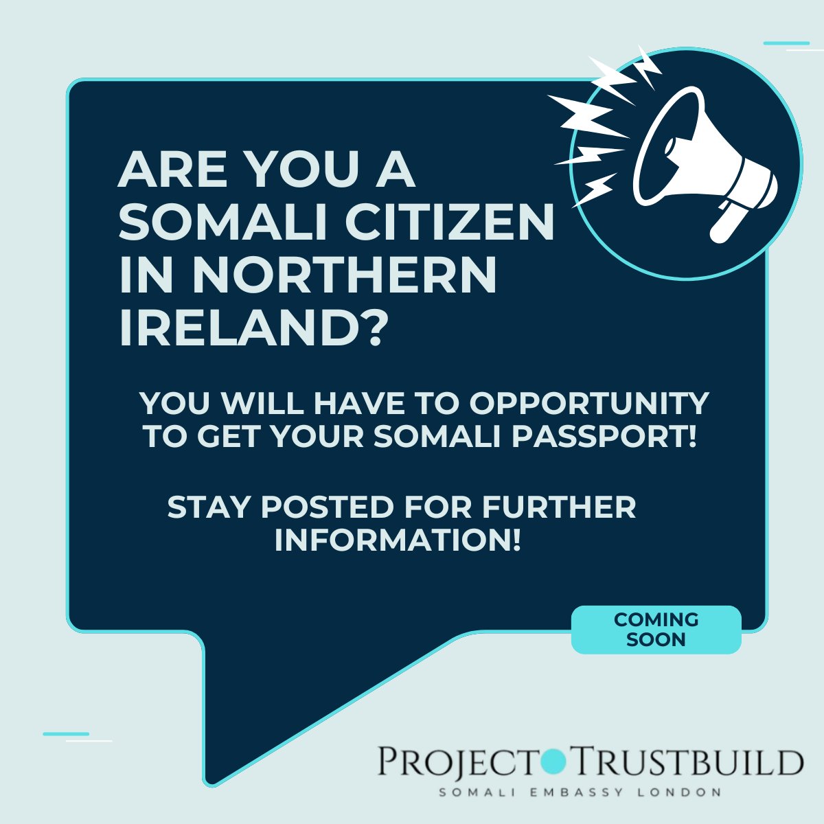 Attention Somali Citizens in Northern Ireland!

Exciting Update! Ambassador Abdulkadir Ahmed-Kheyr Abdi will be visiting Northern Ireland in the coming week to assist with the issuance of Somali passports!

Stay tuned for more details coming soon!