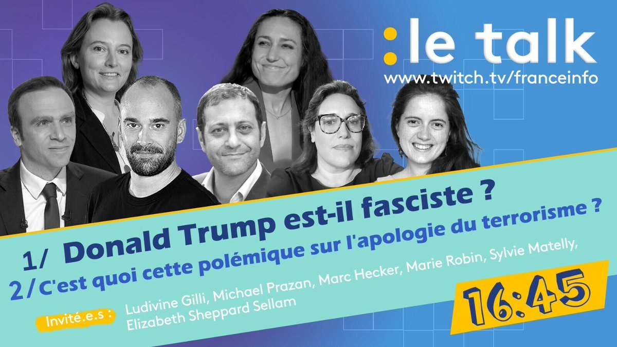 C’est maintenant dans le Talk de franceinfo sur Twitch ! De 17h à 19h, on parle de Donald Trump, ses affaires judiciaires et ses premières mesures économiques, puis de la polémique autour de la proposition de loi de LFI sur l’apologie du terrorisme :