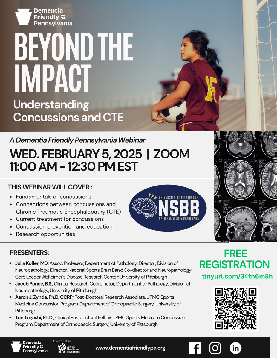 Pitt's Alzheimer's Disease Research Center (@pittadrc) on Twitter photo Register for this webinar held by our community partners Dementia Friendly PA <a href="/JHForg/">Jewish Healthcare Foundation</a> to better understand concussions and chronic traumatic encephalopathy (CTE).
Feb 5, 2025 on zoom, 11-12:30 Eastern time.
Register here: tinyurl.com/34tn6m5h Register for this webinar held by our community partners Dementia Friendly PA <a href="/JHForg/">Jewish Healthcare Foundation</a> to better understand concussions and chronic traumatic encephalopathy (CTE).
Feb 5, 2025 on zoom, 11-12:30 Eastern time.
Register here: tinyurl.com/34tn6m5h