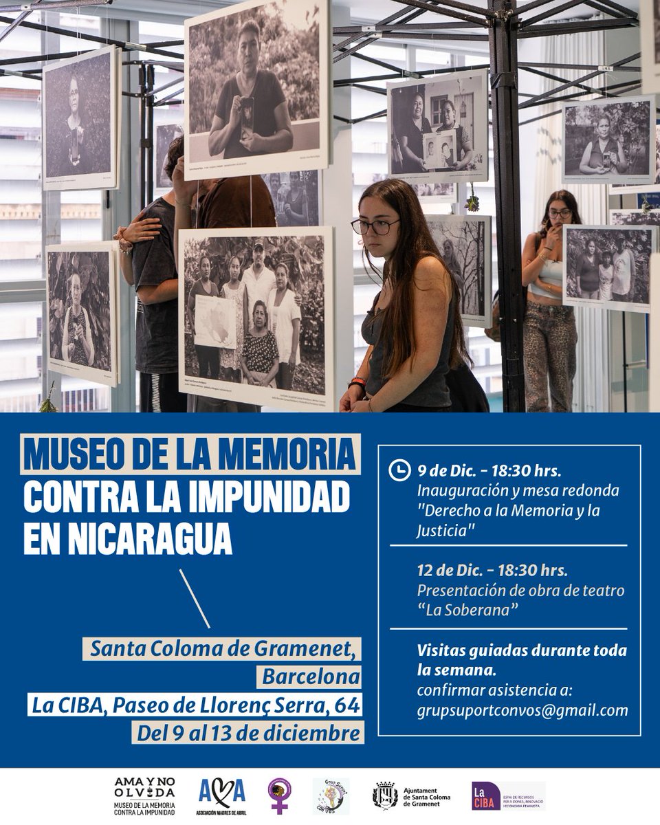museomemoria_ni's tweet photo. ¡Atención, Santa Coloma! 📢

La itinerancia de AMA y No Olvida, Museo de la Memoria contra la Impunidad, sigue recorriendo Barcelona. Nos emociona anunciar una nueva exposición que tendrá lugar en La CIBA (Paseo de Llorenç). 

@MadresDeAbril 
@Nicas_Catalunya https://t.co/Q6MfR8cbrJ