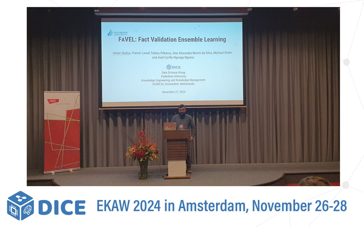 DICE Research Group (@diceresearch) on Twitter photo This week <a href="/ekawconference/">EKAW Conference</a> is taking place in Amsterdam!🇳🇱Our colleague <a href="/UQudus/">Umair Qudus 우메르</a> presented “FAVEL: Fact Validation Ensemble Learning” by <a href="/UQudus/">Umair Qudus 우메르</a>, Franck Lionel Tatkeu Pekarou, Ana Morim da Silva, <a href="/MichaDerStudent/">Michael Röder</a> & <a href="/NgongaAxel/">Axel Ngonga</a>.👏🤩
Have a look➡️papers.dice-research.org/2024/EKAW_FaVe…
#DICEontour This week <a href="/ekawconference/">EKAW Conference</a> is taking place in Amsterdam!🇳🇱Our colleague <a href="/UQudus/">Umair Qudus 우메르</a> presented “FAVEL: Fact Validation Ensemble Learning” by <a href="/UQudus/">Umair Qudus 우메르</a>, Franck Lionel Tatkeu Pekarou, Ana Morim da Silva, <a href="/MichaDerStudent/">Michael Röder</a> & <a href="/NgongaAxel/">Axel Ngonga</a>.👏🤩
Have a look➡️papers.dice-research.org/2024/EKAW_FaVe…
#DICEontour