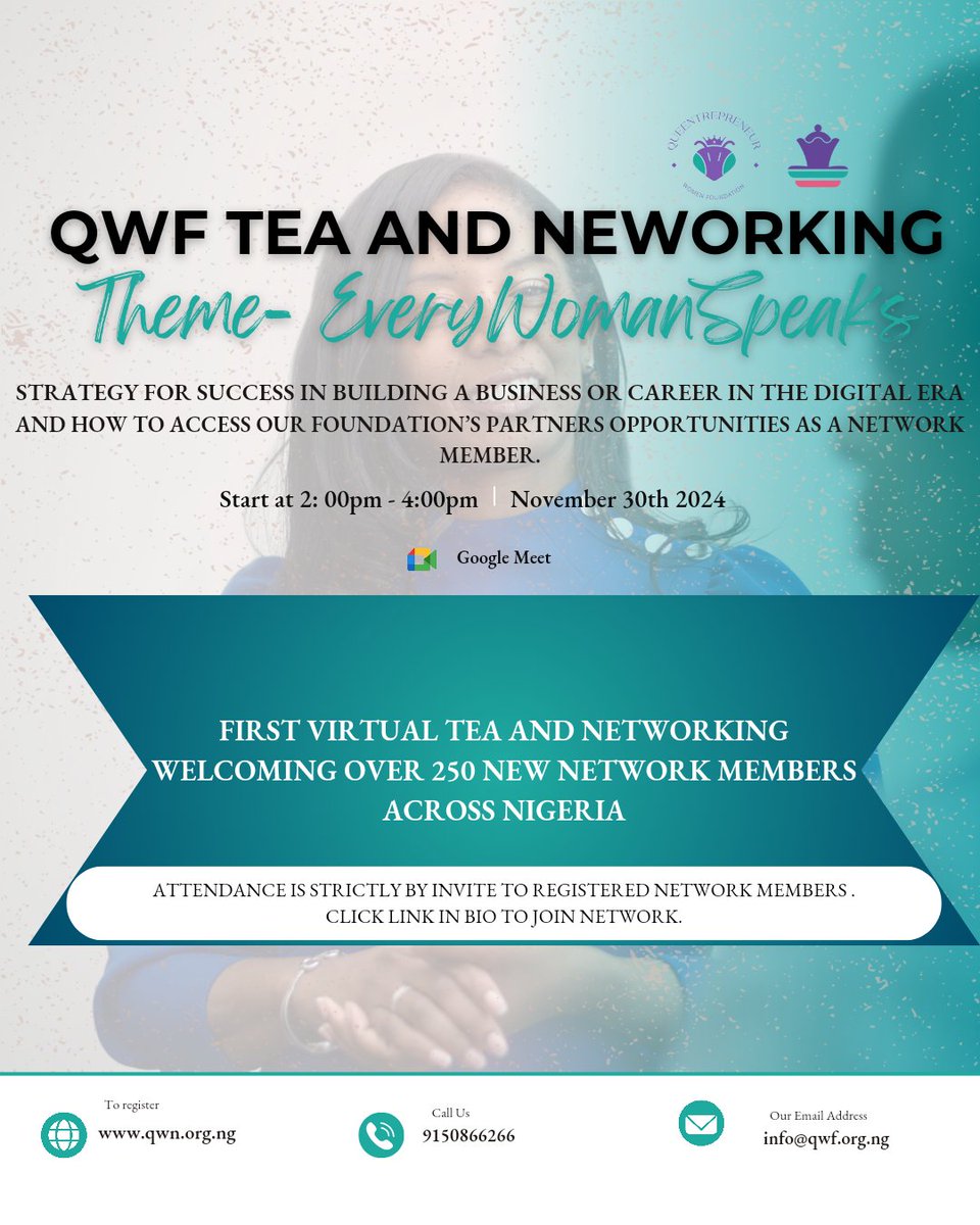 Queentrepreneur Women's Foundation (@qwf_ng) on Twitter photo Join us on Nov 30th for “Every Woman Speaks” hosted by <a href="/Queentrepreneur/">Queentrepreneur ™</a>! Empowering women entrepreneurs across Nigeria. 🇳🇬 Register now: (eventbrite.com/e/every-woman-…)
#WomenInBusiness #FemaleEntrepreneurs #Nigeria #EmpowerHer #WomenEmpowerment Join us on Nov 30th for “Every Woman Speaks” hosted by <a href="/Queentrepreneur/">Queentrepreneur ™</a>! Empowering women entrepreneurs across Nigeria. 🇳🇬 Register now: (eventbrite.com/e/every-woman-…)
#WomenInBusiness #FemaleEntrepreneurs #Nigeria #EmpowerHer #WomenEmpowerment