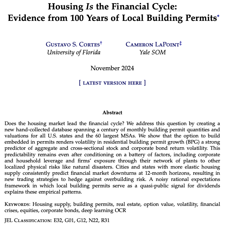 CortesGustavoS's tweet image. 🚨 Excited to debut my new paper, "Housing Is the Financial Cycle: Evidence from 100 Years of Local Building Permits," joint with @CSLaPoint. We document that building permits predict financial market volatility across *a century* of U.S. economic history! papers.ssrn.com/abstract=48553…