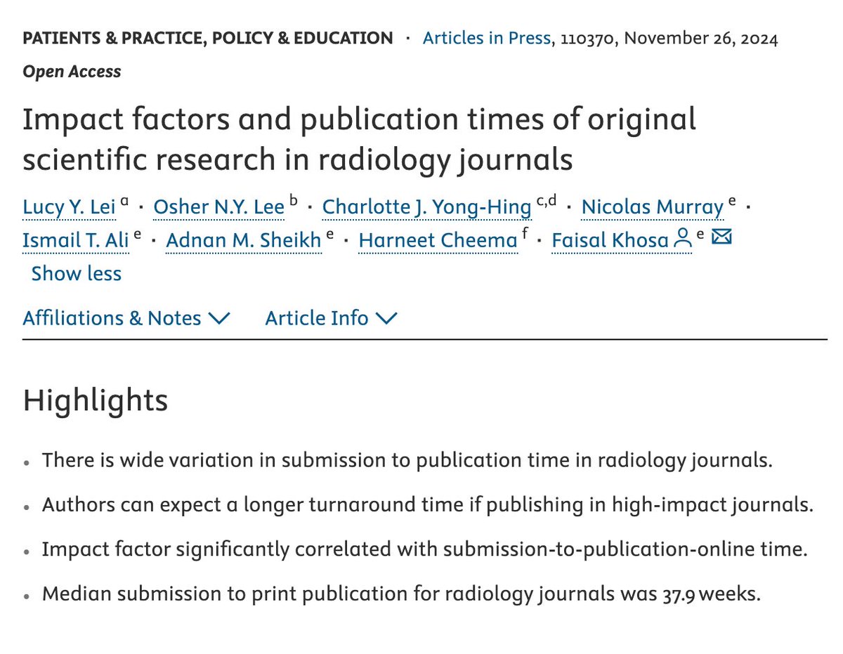 Clinical Imaging (@ci_journal) on Twitter photo "Impact factors and publication times of original scientific research in radiology journals" by Dr. Lucy Lei, Osher Lee, Dr. Charlotte Yong-Hing <a href="/cyonghing/">Charlotte Yong-Hing (she/elle) 🌈</a>, Dr. Nicolas Murray <a href="/RadNicM/">Nicolas Murray, MD, FRCPC</a>, Dr. Ismail Ali, Dr. Adnan Sheikh, Dr. Harneet Cheema, Dr. Faisal Khosa <a href="/khosafaisal/">Faisal Khosa</a>. "Impact factors and publication times of original scientific research in radiology journals" by Dr. Lucy Lei, Osher Lee, Dr. Charlotte Yong-Hing <a href="/cyonghing/">Charlotte Yong-Hing (she/elle) 🌈</a>, Dr. Nicolas Murray <a href="/RadNicM/">Nicolas Murray, MD, FRCPC</a>, Dr. Ismail Ali, Dr. Adnan Sheikh, Dr. Harneet Cheema, Dr. Faisal Khosa <a href="/khosafaisal/">Faisal Khosa</a>.