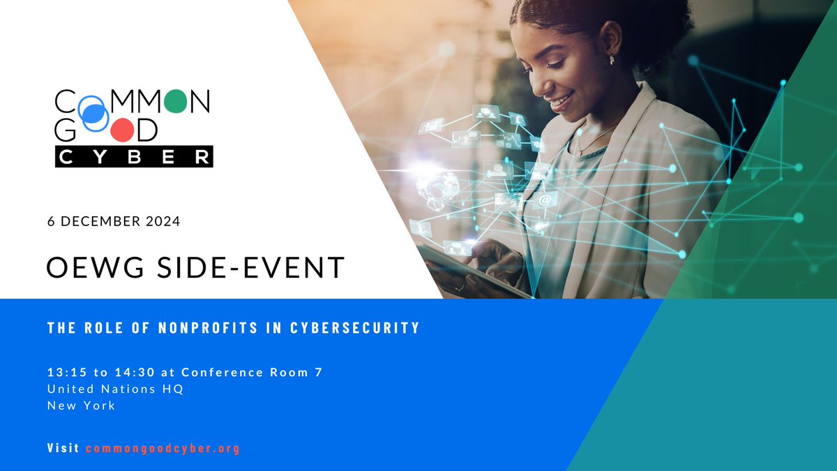 Common Good Cyber (@commongoodcyber) on Twitter photo Thrilled to share that we will co-host a side-event at the UN OEWG in New York on December 6, on the Role of Nonprofits in Cybersecurity, in collaboration with <a href="/ChileMFA/">Chile MFA 🇨🇱</a> 🗒️Don't miss out if you are interested and have a Ground Pass to the UN HQ. tinyurl.com/yew8eh4w Thrilled to share that we will co-host a side-event at the UN OEWG in New York on December 6, on the Role of Nonprofits in Cybersecurity, in collaboration with <a href="/ChileMFA/">Chile MFA 🇨🇱</a> 🗒️Don't miss out if you are interested and have a Ground Pass to the UN HQ. tinyurl.com/yew8eh4w