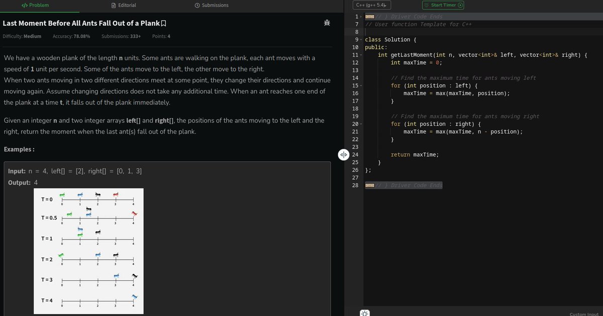 devoted_techie's tweet image. 🚀 Day 12/80 of #geekstreak2024! 🎯
💡 Problem: Last Moment Before All Ants Fall Out of a Plank
✅ Time: O(m + k) | Space: O(m + k)
@GeeksforGeeks
#GFG160 #CodingChallenge #GeeksForGeeks #ProblemSolving