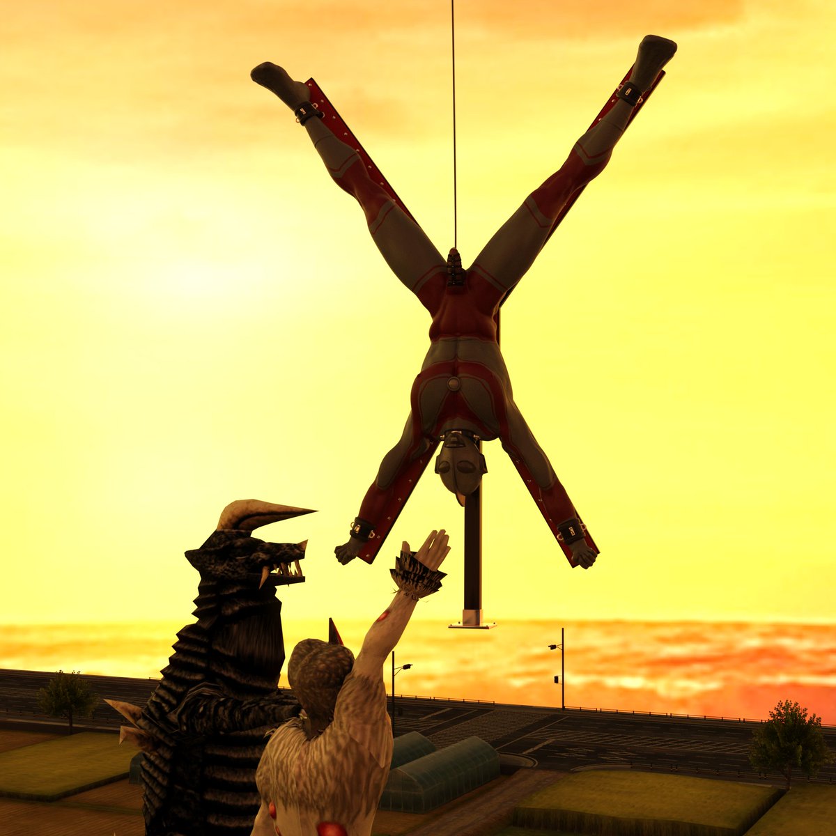 杰克奥特曼在夕阳下死去-终
纳克尔星人和布莱克王同时对杰克奥特曼的雄性器官发起攻击，在巨大的刺激下，奥特曼精关失守，浓稠的精液不断从巨根中喷射而出。
随着彩色计时器的熄灭，曾经的宇宙英雄被榨干了体内的精液。
“将杰克奥特曼带回纳克尔星处死！”
#奥特曼战败 #英雄战败 #英雄情节