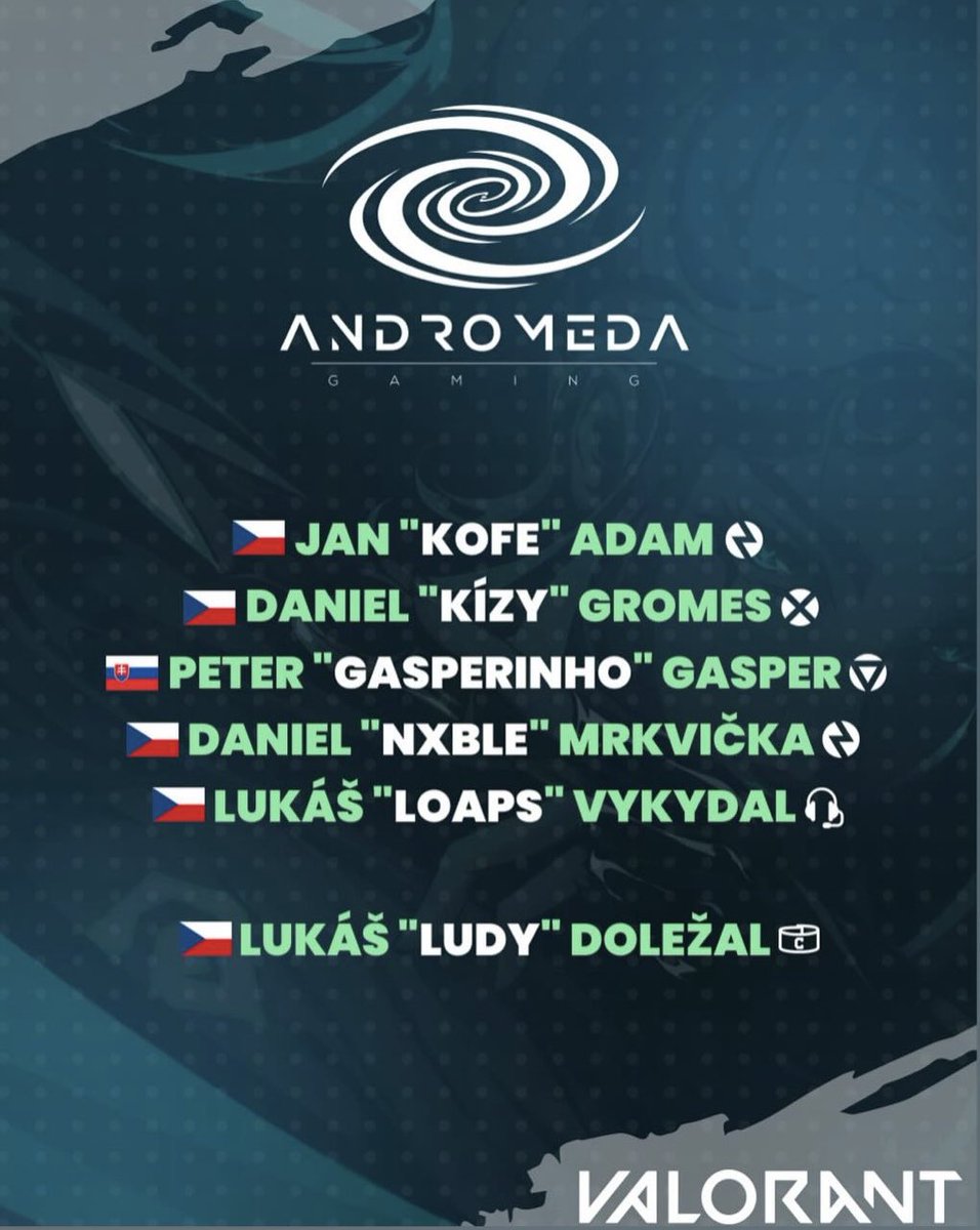 Welcoming our new Valorant squad! 5 youngsters under Ludy’s guidance will work to reclaim our spot in the Valorant world. Good luck boys! 💜

Jan “Kofe” Adam
Daniel “Kízy” Gromes
Peter “Gasperinho” Gasper
Daniel “Nxble” Mrkvička
Lukáš “Loaps” Vykydal

Lukáš “Ludy” Doležal