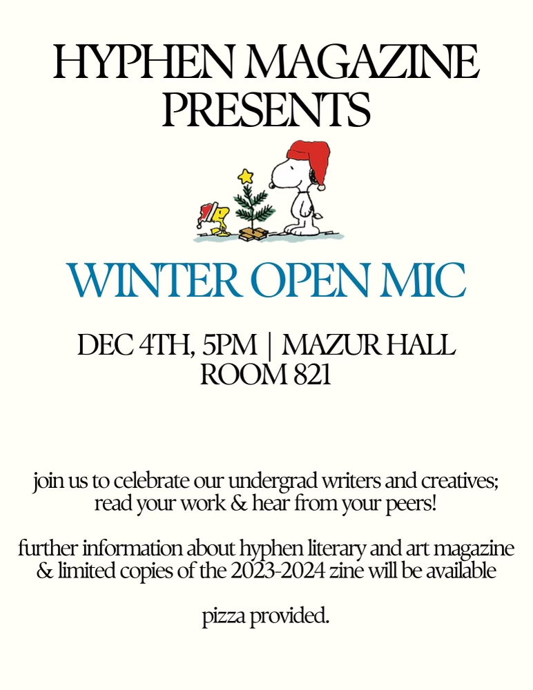 Next Weds, 12/4! Share your work and connect with fellow writers over a slice of pizza at our winter open mic hosted by Hyphen Lit Mag!🎤

#templeenglish #templeuniversity #englishmajor