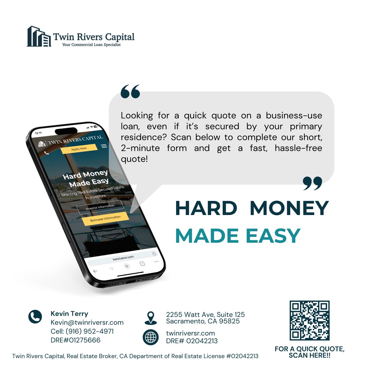 TwinRiversCap's tweet image. Need a quick quote on a business-use loan, secured by your primary residence? 🏡💼 We’ve got you covered! Complete our short 2-minute form to get a fast, hassle-free quote and keep your business moving forward. Scan below to get started!

#QuickQuote #EasyApplication #HassleFree