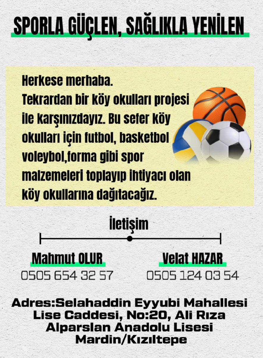 🎉 İlçemiz Ali Rıza Alpaslan Anadolu Lisesi'nden anlamlı bir proje!

"Sporla Güçlen, Sağlıkla Yenilen" projesi ile köy okullarına spor malzemesi temin edilmesi amaçlanmaktadır.🏀⚽🏓
Detaylı bilgi ve destek için okul idaresi ile projeden sorumlu öğretmenlerimizle iletişime