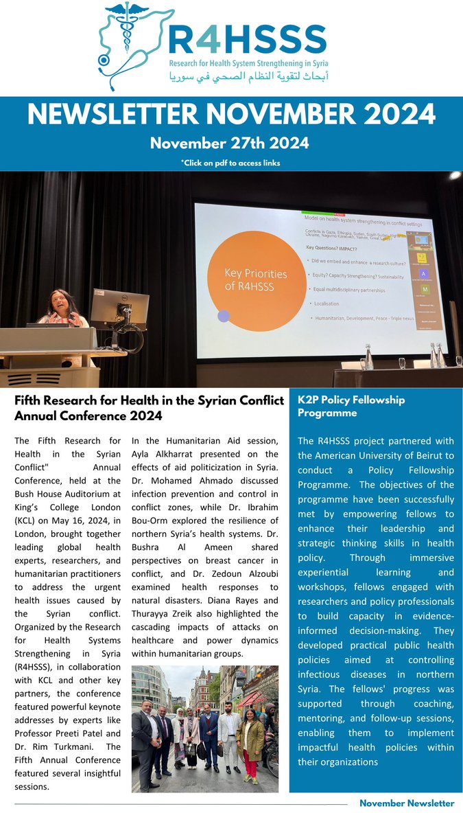 📢📰We are pleased to share the English edition of the R4HSSS Newsletter, highlighting the latest progress and insights into health systems strengthening and research initiatives across Syria.

Read here: tinyurl.com/2n4ue2hc