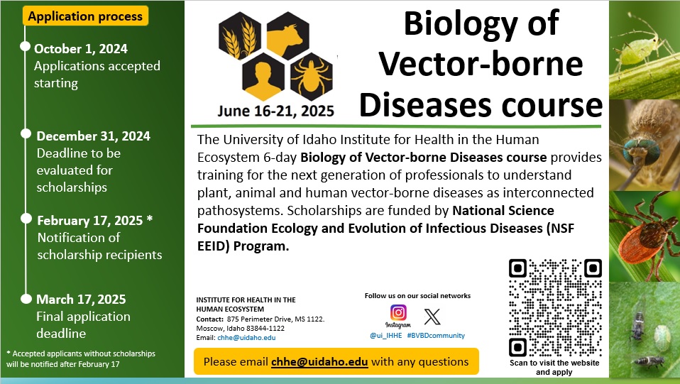 You are invited to the Biology of Vector-borne Diseases six-day #course 2025 at the UI Institute for Health in the Human Ecosystem (IHHE) on the UI campus in Moscow, Idaho, Monday through Saturday, June 16-21, 2025.
 #event #vectorbornedisease #malaria

malariaworld.org/events/biology…