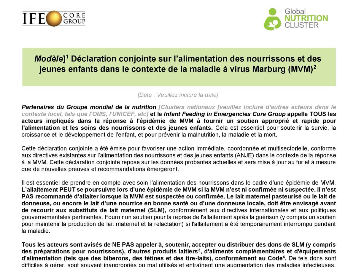 IFE Core Group (@ifecoregroup) on Twitter photo Voici un modèle d’une déclaration conjointe sur l’alimentation des nourrissons et des jeunes enfants dans le contexte de la maladie #Marburg 
🔗buff.ly/3VzzH6D Voici un modèle d’une déclaration conjointe sur l’alimentation des nourrissons et des jeunes enfants dans le contexte de la maladie #Marburg 
🔗buff.ly/3VzzH6D